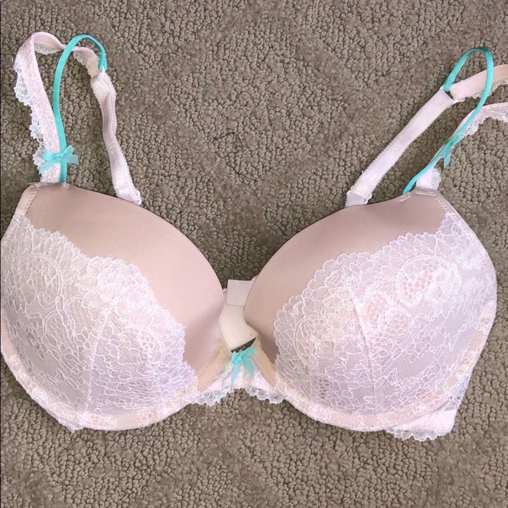Tan with white lace and teal bows VS Bra